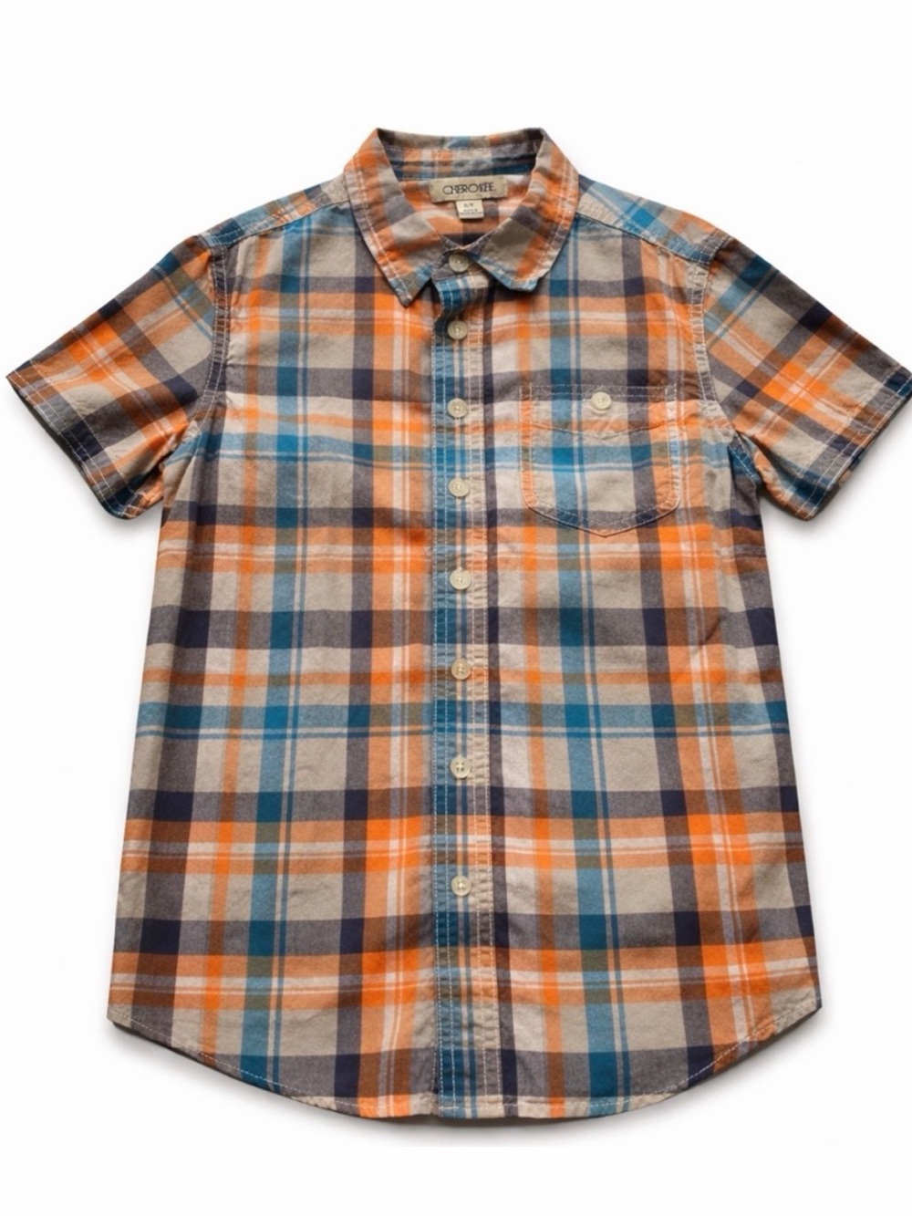 Cherokee Boys Plaid Button Down Shirt Small Orange Blue Short Sleeve Casual